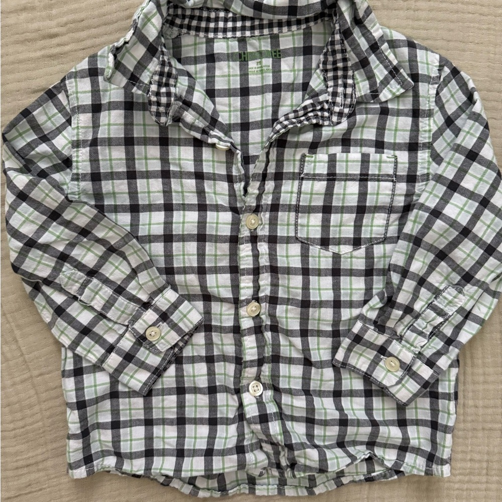 Cherokee 2T Plaid Button Down Shirt - Green, Black, and White
